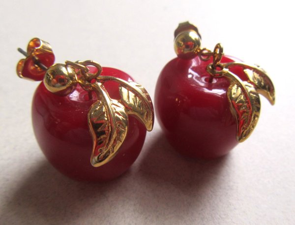 Vintage Red Lucite Apple Pierced Earrings
