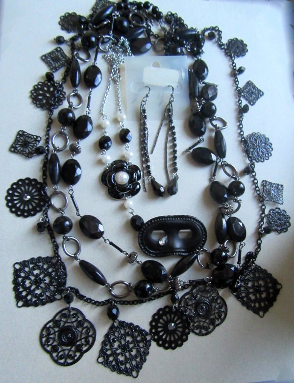 Black Jewelry Lot Necklaces Earrings Mask Pin