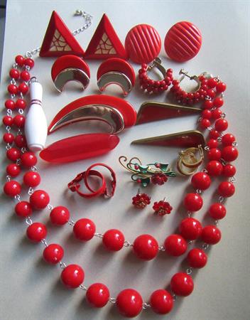 1980's Red Jewelry Lot Earrings Pins And More