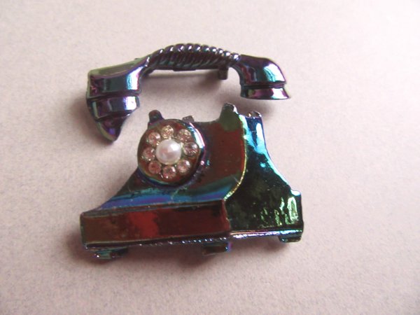 Vintage Iridescent Rotary Phone Scatter Pin Set Brooch