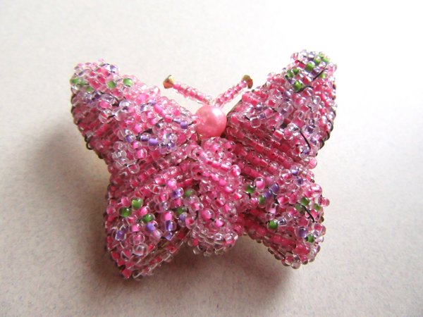 Vintage Mod Pink Glass Beaded Butterfly Pin Japan Brooch