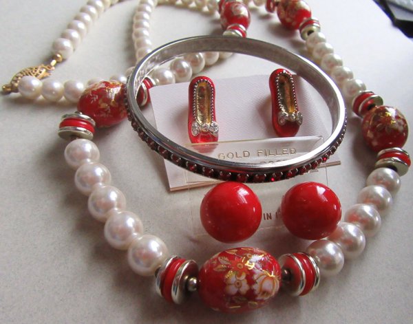 Vintage Jewelry Lot Ruby Slippers Earrings Rhinestone Bracelet