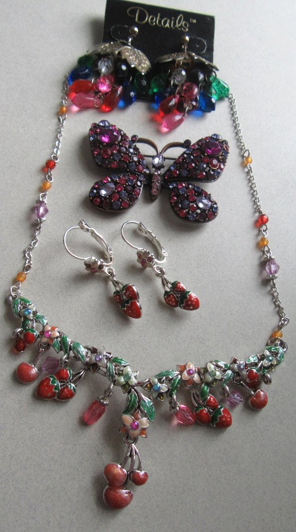 1980's Lucite Earrings Rhinestone Butterfly Pin Free Fruit Necklace