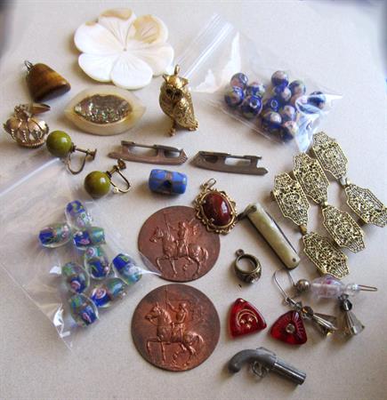 Vintage 1920's And Up Jewelry Parts Lot Glass Beads Copper Stampings Filigree Buckles