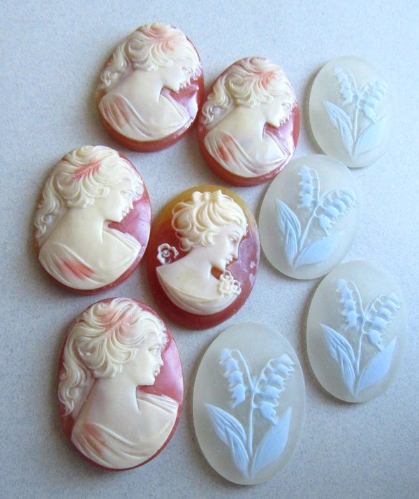 Vintage Resin Cameo And Lilly of The Valley Cabochons Jewelry Making Supplies