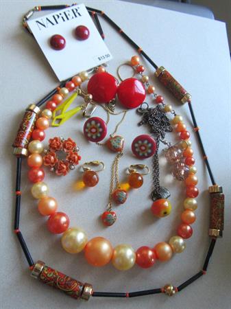 Vintage Jewelry Lot Necklaces Earrings Reds Oranges