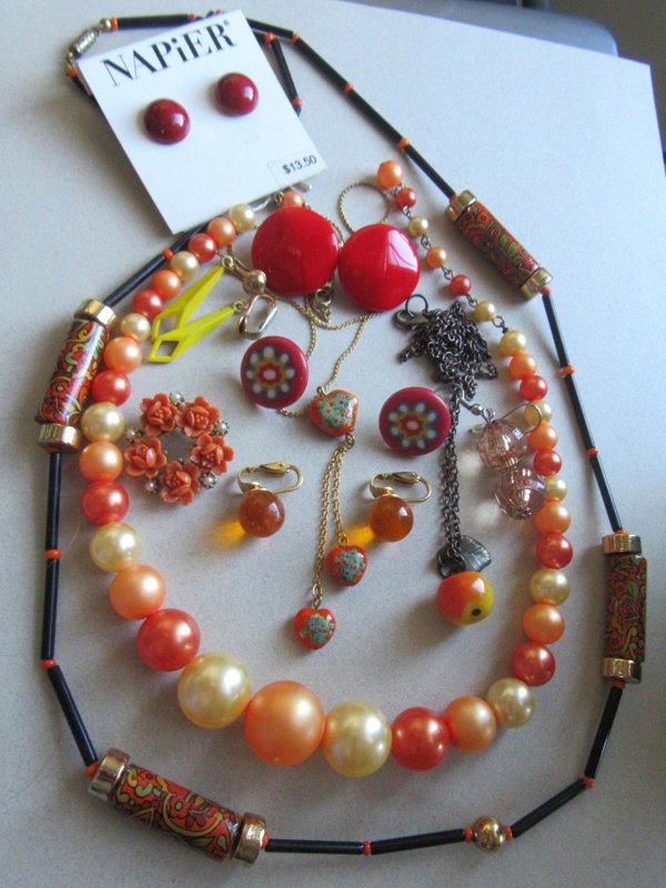 Vintage Jewelry Lot Necklaces Earrings Reds Oranges