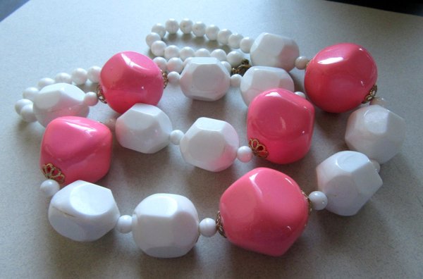 1980's Chunky Pink and White Lucite Necklace Mrs. Roper