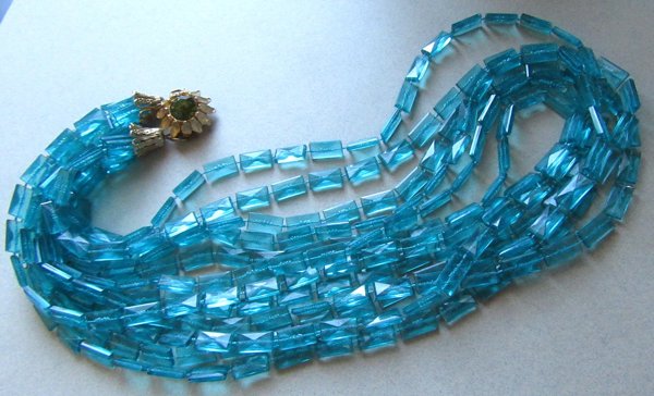Vintage 1960's Aqua Multi Strand Necklace rhinestone Clasp
