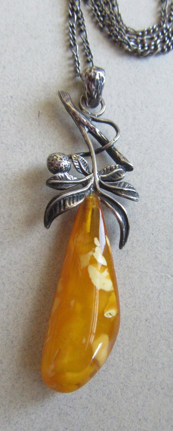 Sterling Silver Art Nouveau Style Pendant and Chain Amber? Fine Jewelry