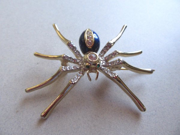 Rhinestone Navy Blue Spider Pin Figural Brooch
