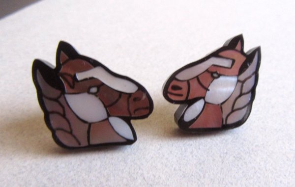 Vintage Horse Pieced Earrings Mother of Pearl Inlay Unsigned Lee Sands
