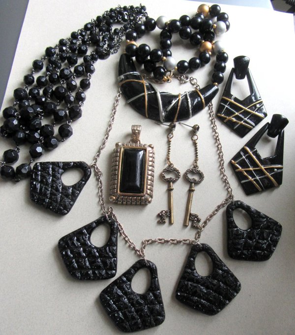 Black Jewelry Lot 1980's and Up Necklaces Earrings