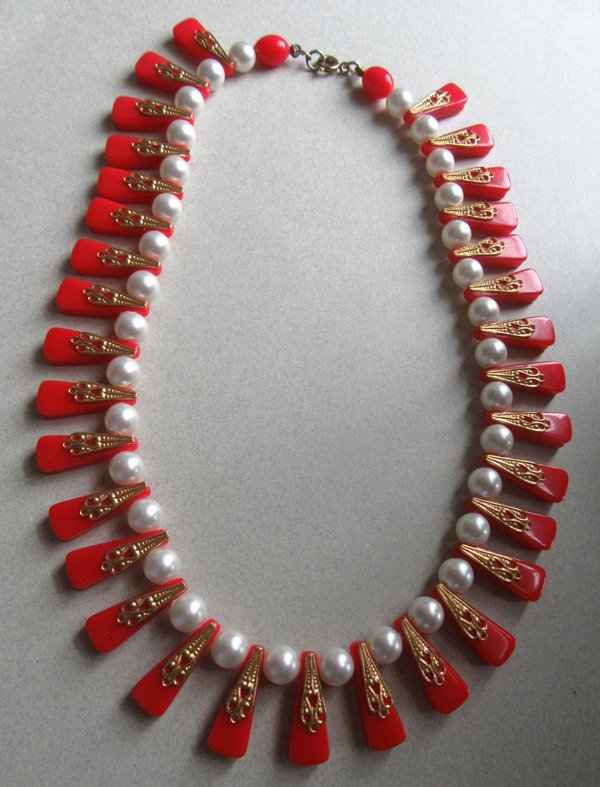 Vintage Red Lucite Faux Pearl Bib Necklace