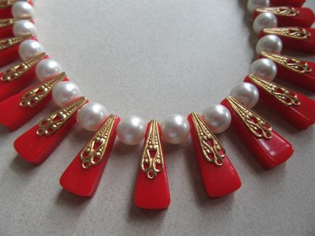 Vintage Red Lucite Faux Pearl Bib Necklace