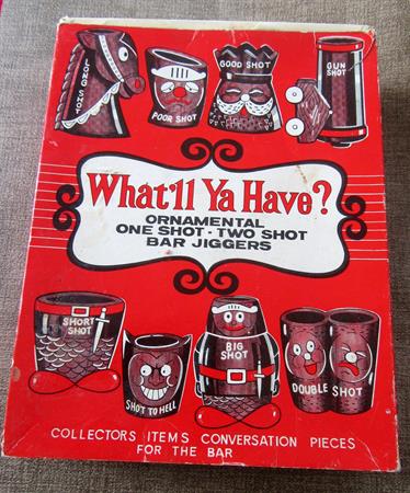 Vintage 1950's Comical Shot Glass Set Japan Tiki Bar 