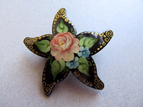 Vintage Hand Painted Russian Rose Star Fish Pin Brooch
