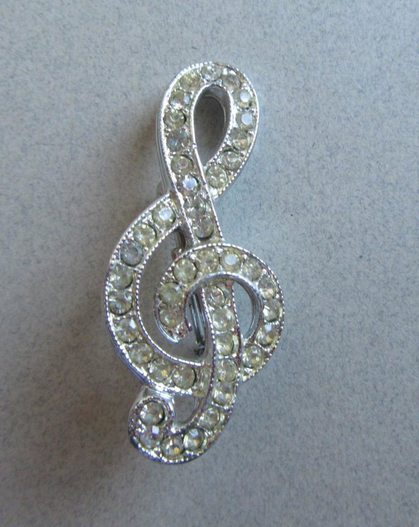 Vintage Rhinestone G Cleft Pin Brooch Musician Jewelry