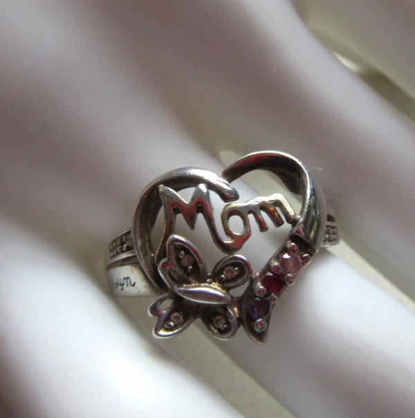 Sterling Silver Mom Heart Butterfly Ring Gemstones Fine Jewelry