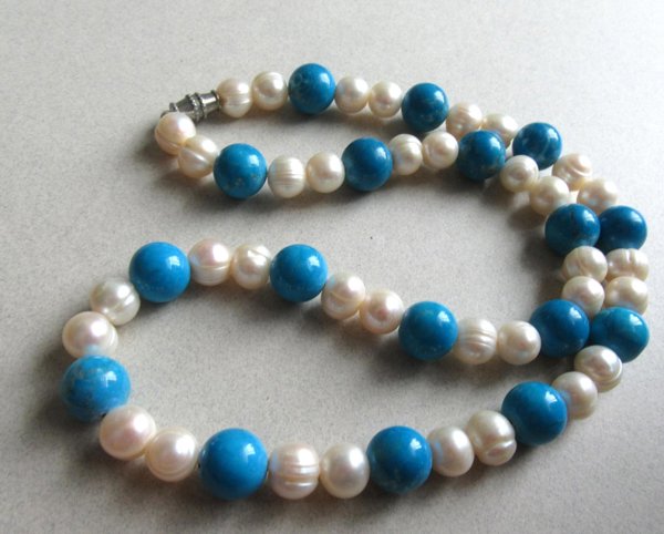 Genuine Fresh Water Pearl and Blue Stone Necklace