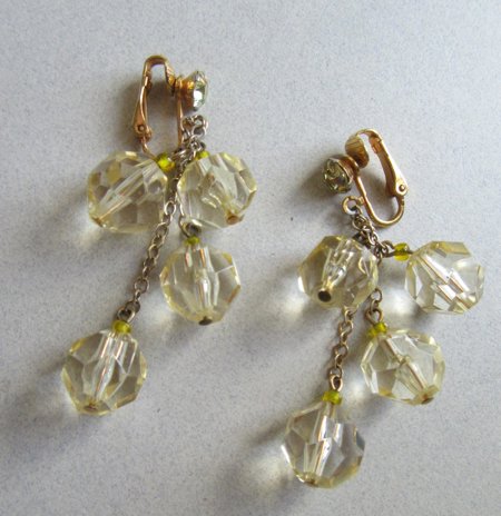 1960's Faceted Lucite Citrine Rhinestone Clip Earrings