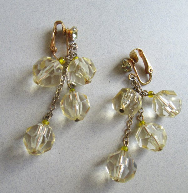 1960's Faceted Lucite Citrine Rhinestone Clip Earrings