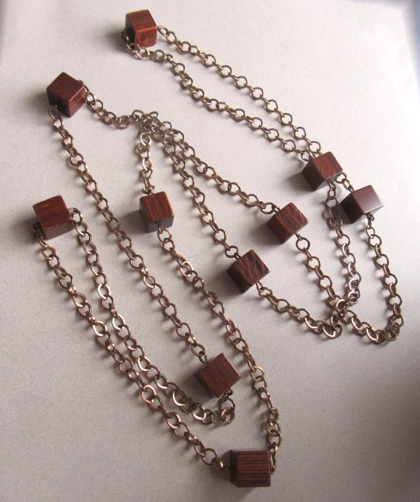 Mid Century Bakelite Infused Wood Cube Chain Necklace