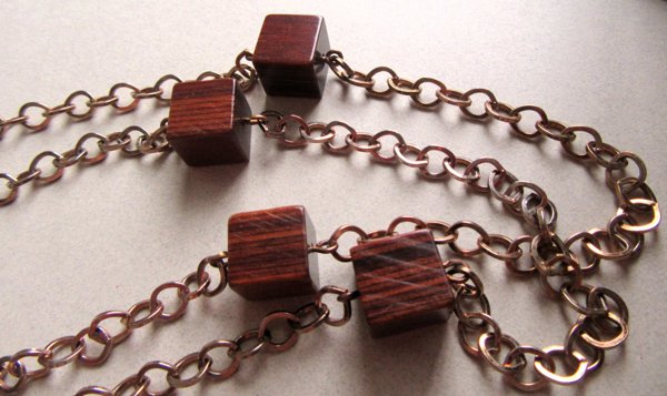 Mid Century Bakelite Infused Wood Cube Chain Necklace