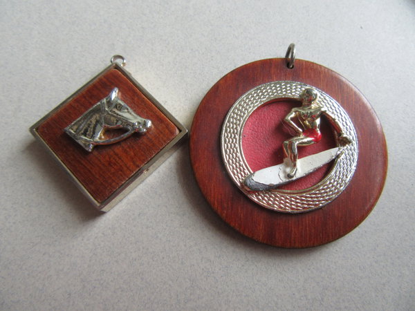 Vintage Mid Century Bakelite Infused Pendants Horse And Surfer