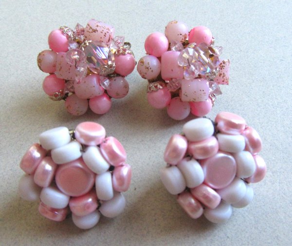 1950's Pink Cluster Clip Earrings Japan Vintage Jewelry