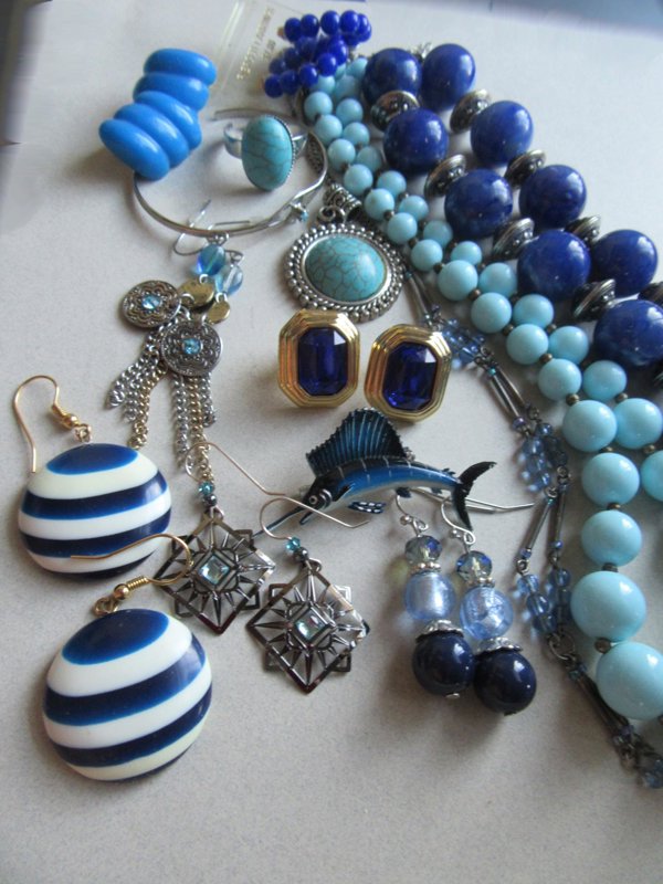 Vintage Blue Jewelry Lot Necklaces Earrings And More