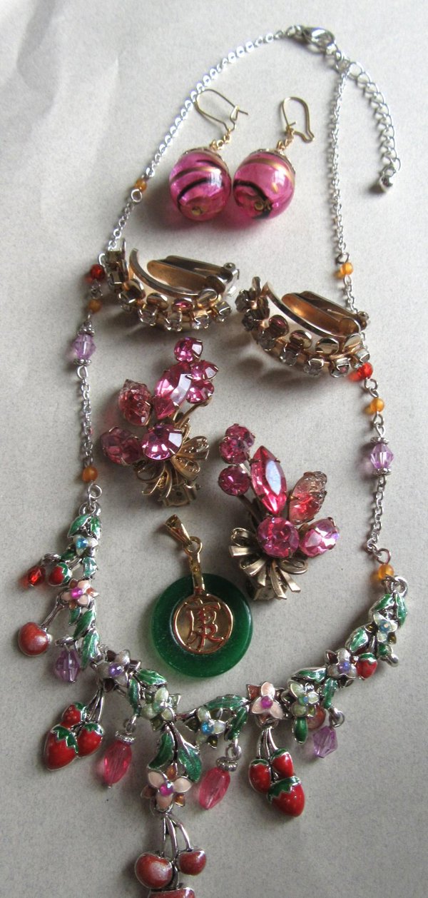 Vintage and Up Jewelry Lot Rhinestone Earrings Jade Pendant