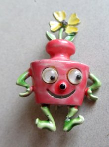 Anthropomorphic Flower Vase Pin Google Eyes JJ Jonette 