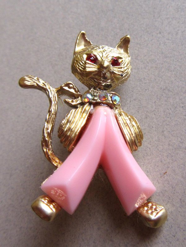 Vintage Cat in Pink Lucite Pants Figural Pin 