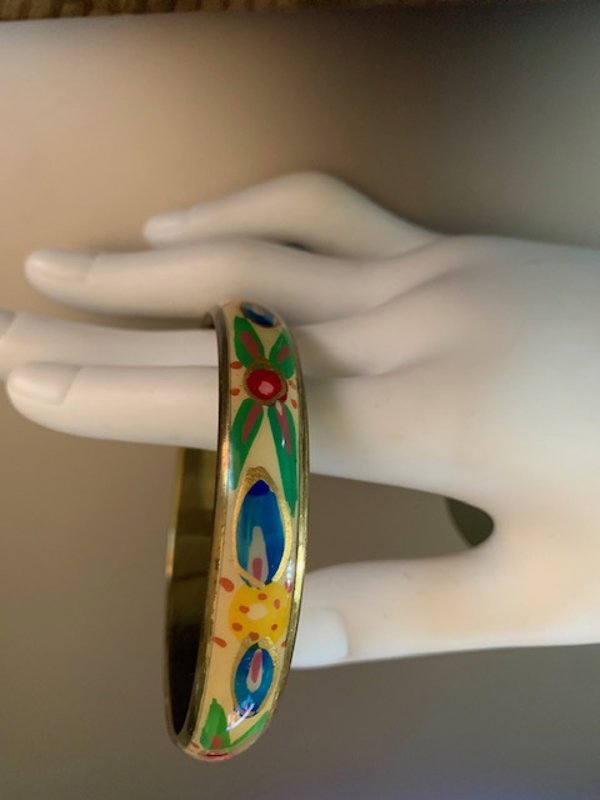 Vintage Brass Enameled Colorful Floral Bangle Bracelet