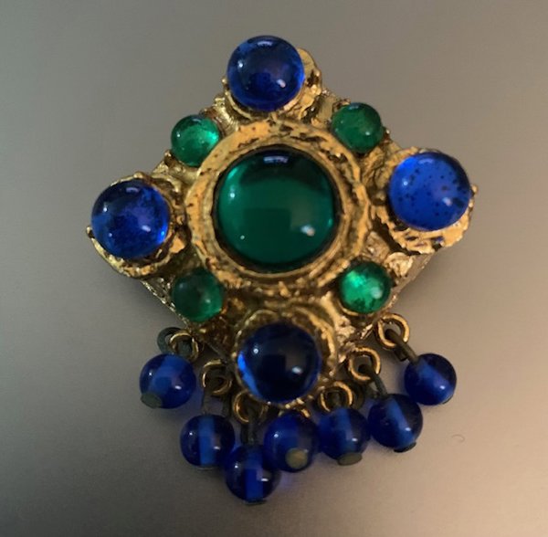 Vintage Blue Green Glass Pin Brooch