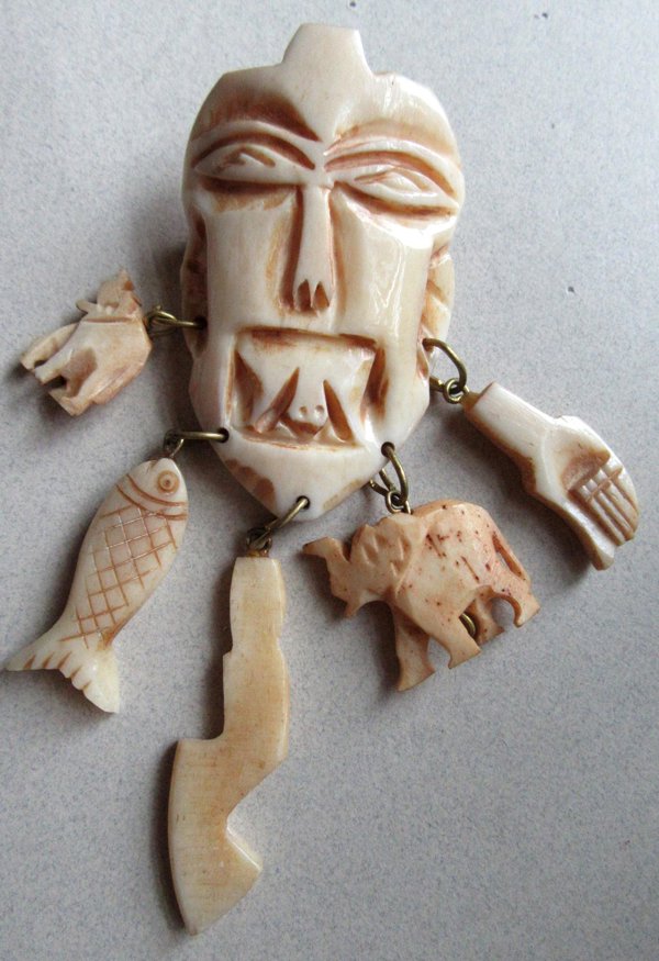 Vintage Carved Bone Tribal Mask Charms Pin Fugue 