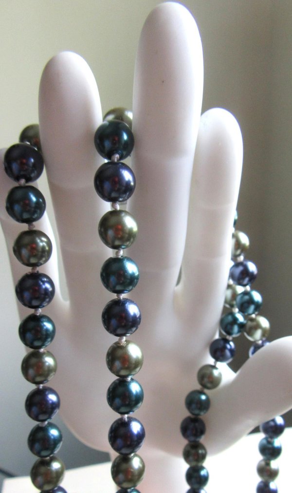 Blue and Green Hand Knotted Glass Pearls Long Necklace