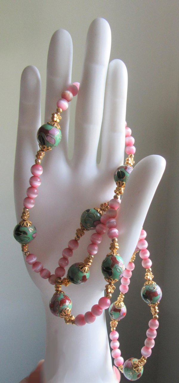 Vintage Cloisonné Pink Cat Eye Glass  Necklace