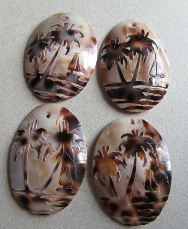 Four Carved Genuine Shell Palm Tree Tropical Pendants Jewelry Making Supplies