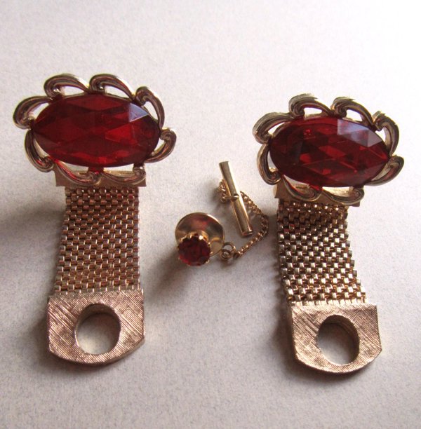 Vintage Swank Red Rhinestone Cufflinks and Free Tie Tac Men's Jewlery