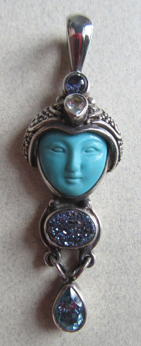 Vintage Sajen Turquoise Goddess Face Gemstone Pendant 925 Sterling  Fone Jewelry