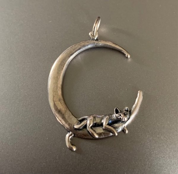 Sterling Silver Crescent Moon With Cat Pendant 