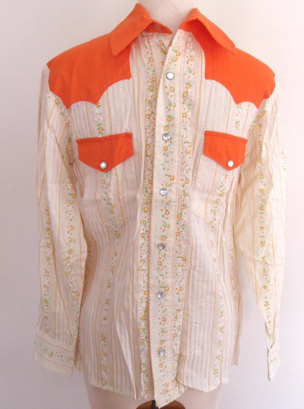 Vintage 1970's Men's Flocked Floral Cotton Western Shirt Cowboy