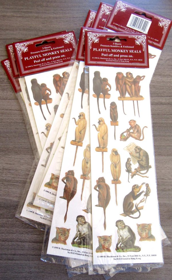 Vintage 1999 Shackman Embossed Monkey Stickers Lot  8 Pkgs. 288 Pcs. Sealed