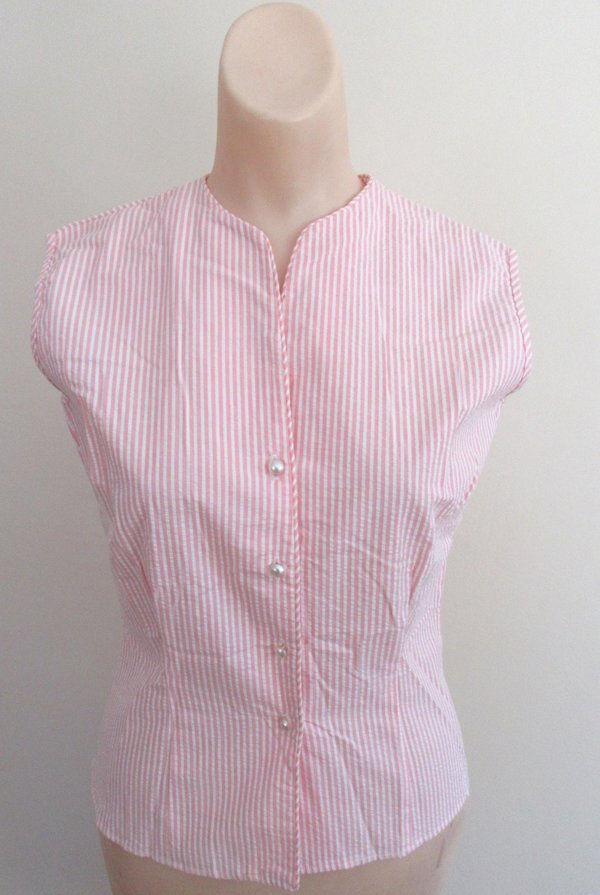 Vintage 1950's Judy Bond Pink and White Seersucker Sleevleess Cotton Blouse