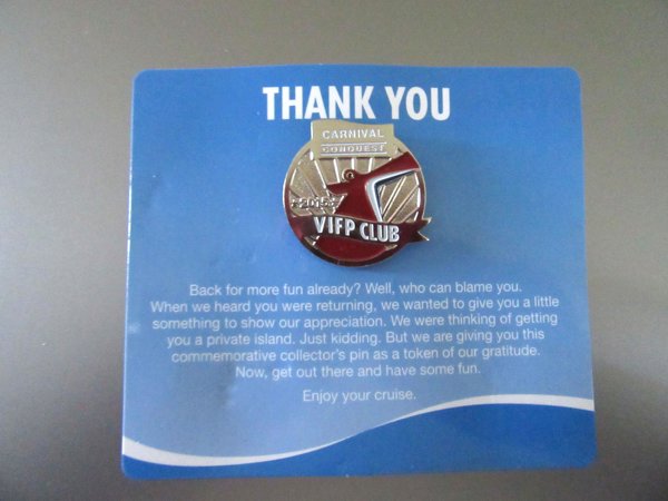 Carnival Conquest VIFP Club Pin 2015  Never Used Original Card