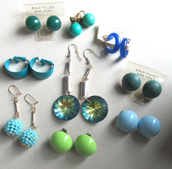 Vintage Earrings Lot Blue and Green Some Mod!