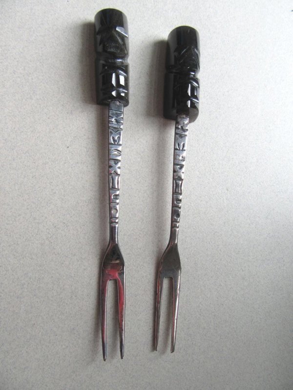 Two Vintage Taxco Sterling Silver Onyx Tiki Cocktail Forks