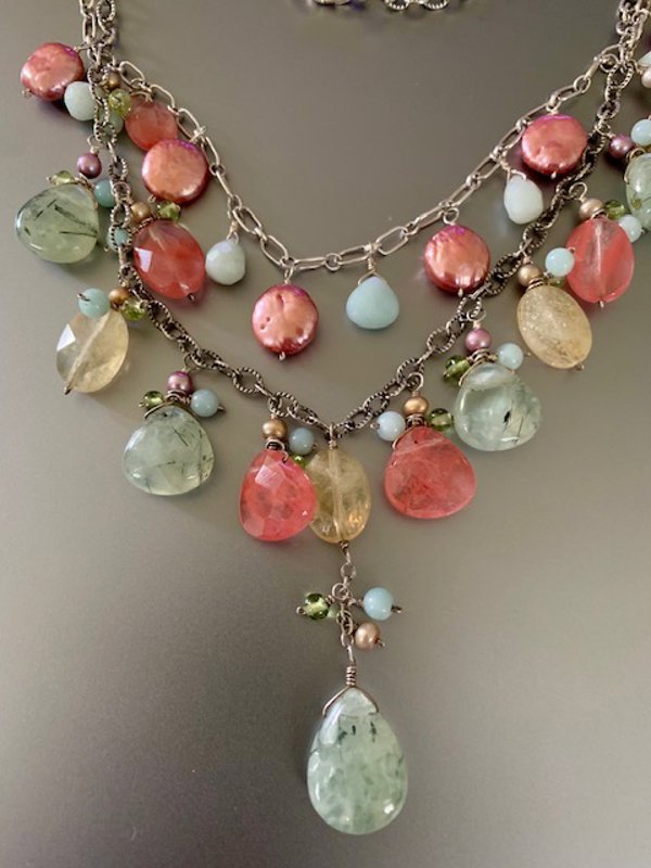 Gemstone and Freshwater Pearl Sterling Silver Necklace GORGEOUS COLORS